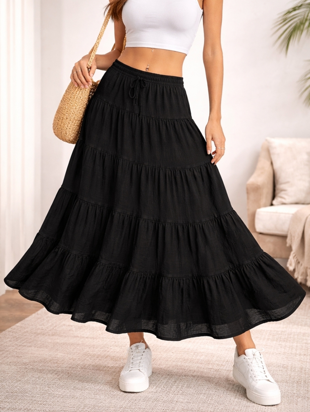 Vintage 90s Rubber Ducky Black Tiered Skirt Gauze Cotton Lined Full Skirt USA S